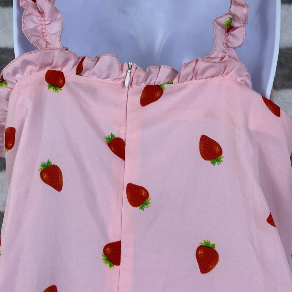 Baby Girl dresses pink strawberry blue floral with cute back tie 1xl 2xl Curve - Picture 10 of 10
